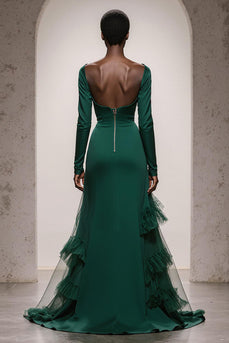 Dark Green Satin Mermaid Sweetheart Long Sleeves Formal Dress with Tulle