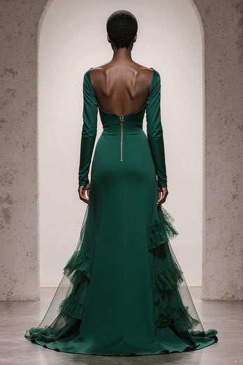 Dark Green Satin Mermaid Sweetheart Long Sleeves Formal Dress with Tulle