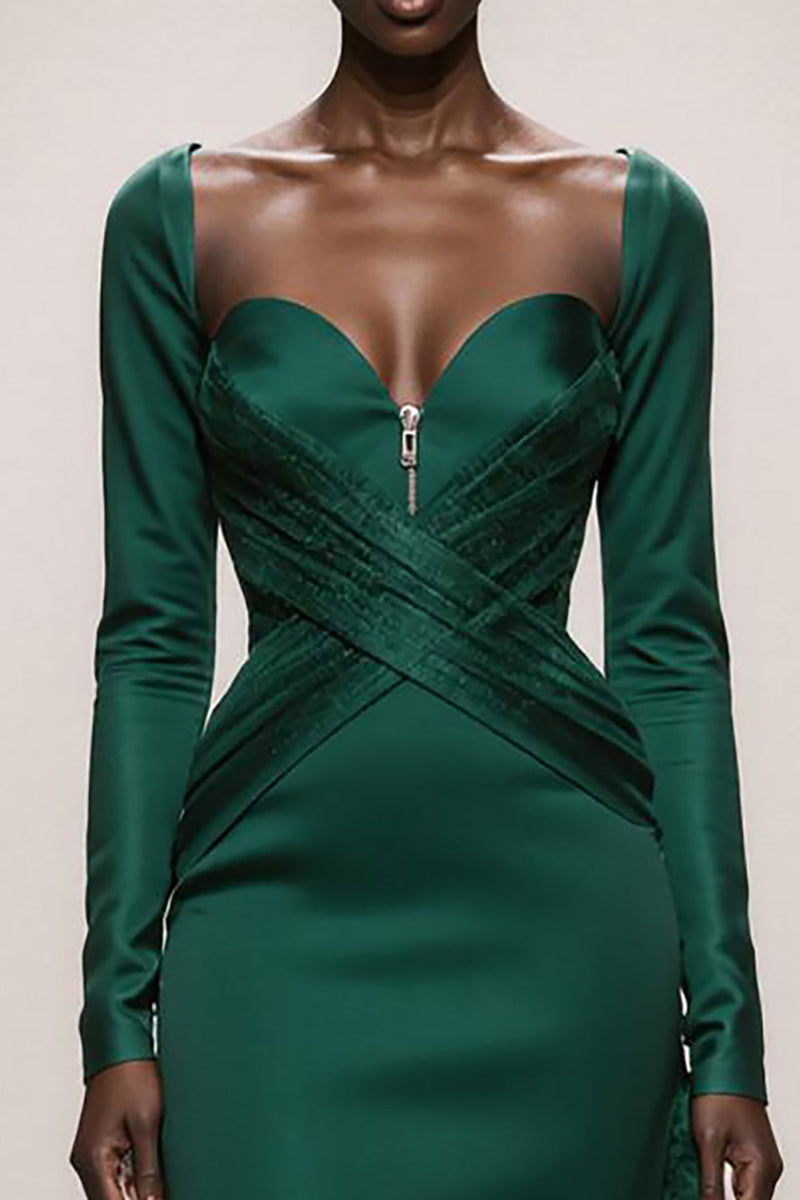 Load image into Gallery viewer, Dark Green Satin Mermaid Sweetheart Long Sleeves Formal Dress with Tulle