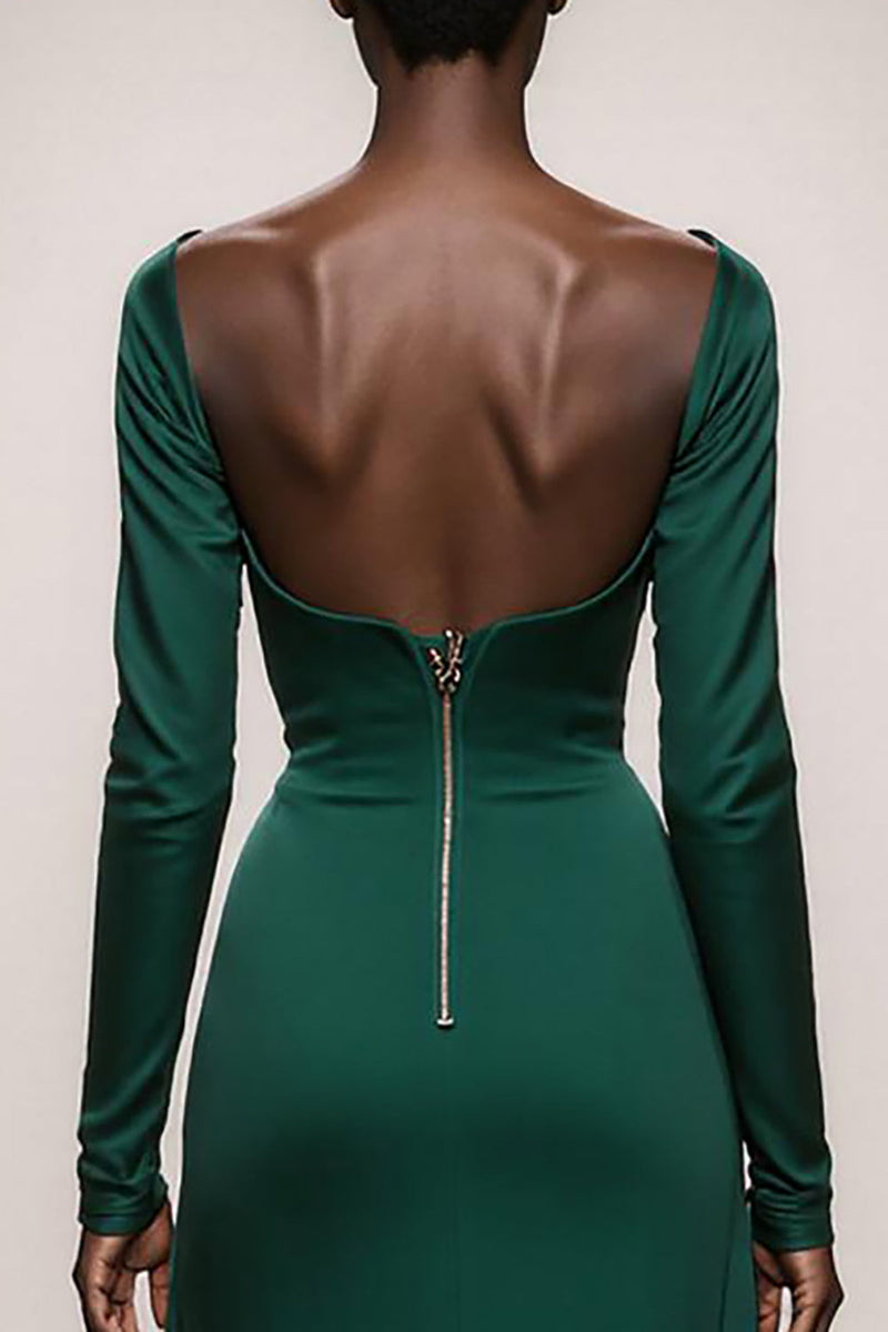 Load image into Gallery viewer, Dark Green Satin Mermaid Sweetheart Long Sleeves Formal Dress with Tulle