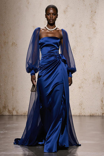 Royal Blue Satin Mermaid Ruched Long Sleeves Formal Dress with Sash