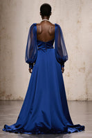 Load image into Gallery viewer, Royal Blue Satin Mermaid Ruched Long Sleeves Formal Dress with Sash
