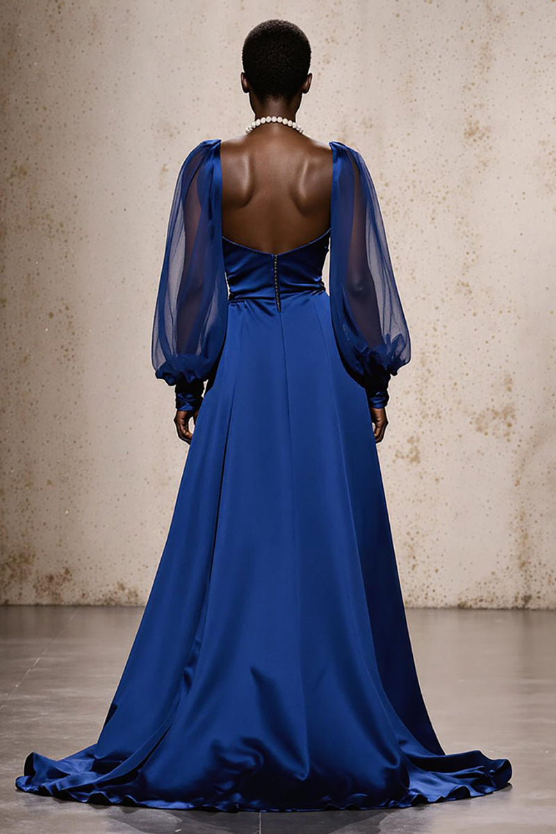 Load image into Gallery viewer, Royal Blue Satin Mermaid Ruched Long Sleeves Formal Dress with Sash