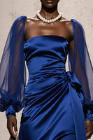 Load image into Gallery viewer, Royal Blue Satin Mermaid Ruched Long Sleeves Formal Dress with Sash