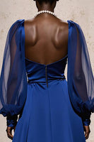 Load image into Gallery viewer, Royal Blue Satin Mermaid Ruched Long Sleeves Formal Dress with Sash