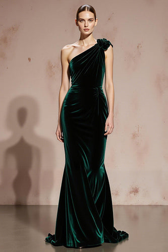 Dark Green Velvet One Shoulder Mermaid Long Holiday Party Dress