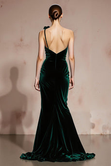Dark Green Velvet One Shoulder Mermaid Long Holiday Party Dress