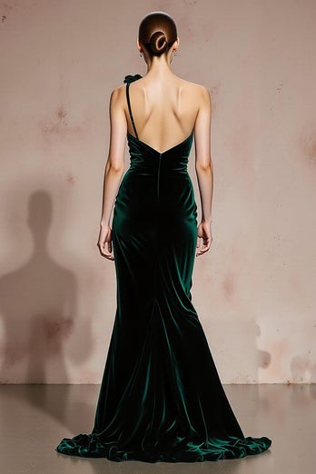 Dark Green Velvet One Shoulder Mermaid Long Holiday Party Dress