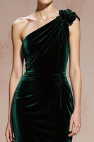 Load image into Gallery viewer, Dark Green Velvet One Shoulder Mermaid Long Holiday Party Dress