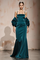 Load image into Gallery viewer, Peacock Blue Satin Mermaid Spaghetti Straps Long Formal Dress with Sleeves