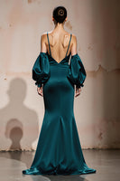Load image into Gallery viewer, Peacock Blue Satin Mermaid Spaghetti Straps Long Formal Dress with Sleeves