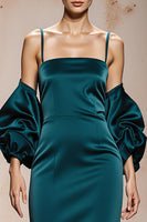 Load image into Gallery viewer, Peacock Blue Satin Mermaid Spaghetti Straps Long Formal Dress with Sleeves