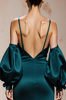 Load image into Gallery viewer, Peacock Blue Satin Mermaid Spaghetti Straps Long Formal Dress with Sleeves