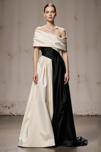 Black and White A Line Satin Patchwork Off the Shoulder Long Formal Dress