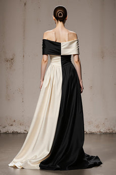 Black and White A Line Satin Patchwork Off the Shoulder Long Formal Dress