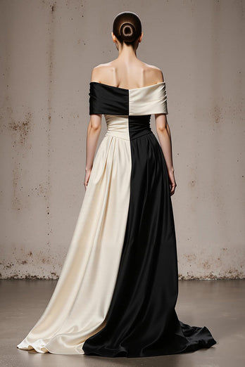 Black and White A Line Satin Patchwork Off the Shoulder Long Formal Dress