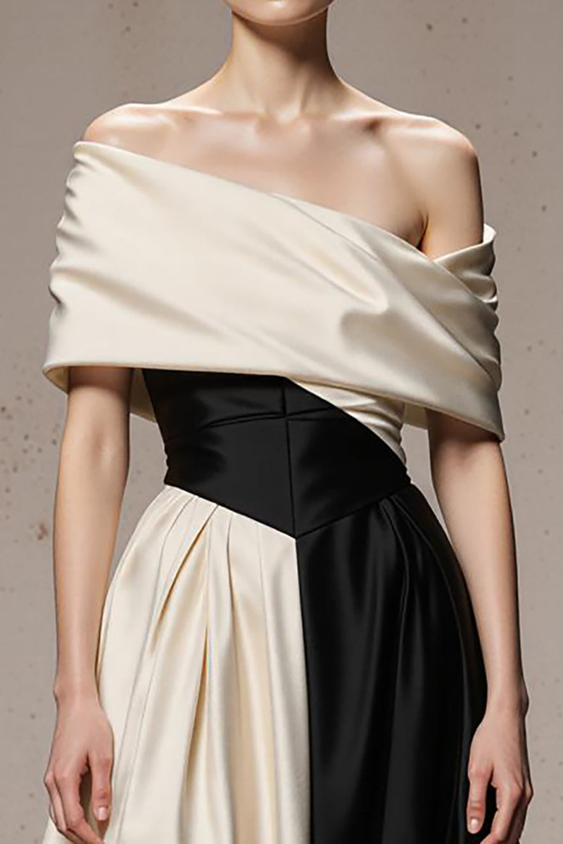Load image into Gallery viewer, Black and White A Line Satin Patchwork Off the Shoulder Long Formal Dress