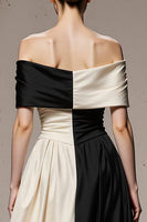 Load image into Gallery viewer, Black and White A Line Satin Patchwork Off the Shoulder Long Formal Dress