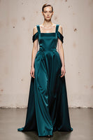 Load image into Gallery viewer, Peacock Blue Satin A Line Cold Shoulder Long Formal Dress