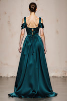 Load image into Gallery viewer, Peacock Blue Satin A Line Cold Shoulder Long Formal Dress