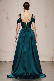 Peacock Blue Satin A Line Cold Shoulder Long Formal Dress