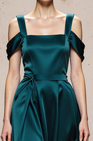 Load image into Gallery viewer, Peacock Blue Satin A Line Cold Shoulder Long Formal Dress