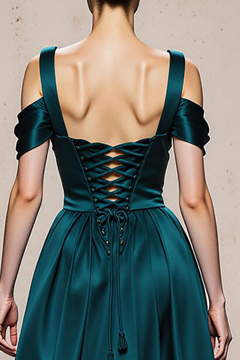 Peacock Blue Satin A Line Cold Shoulder Long Formal Dress