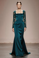 Load image into Gallery viewer, Peacock Blue Satin Mermaid Square Neck Lace Sleeves Long Formal Dress