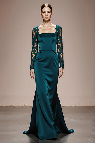 Peacock Blue Satin Mermaid Square Neck Lace Sleeves Long Formal Dress