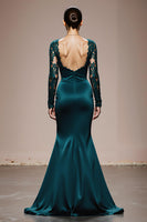 Load image into Gallery viewer, Peacock Blue Satin Mermaid Square Neck Lace Sleeves Long Formal Dress