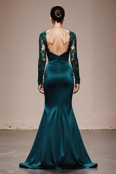 Peacock Blue Satin Mermaid Square Neck Lace Sleeves Long Formal Dress