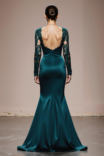 Peacock Blue Satin Mermaid Square Neck Lace Sleeves Long Formal Dress