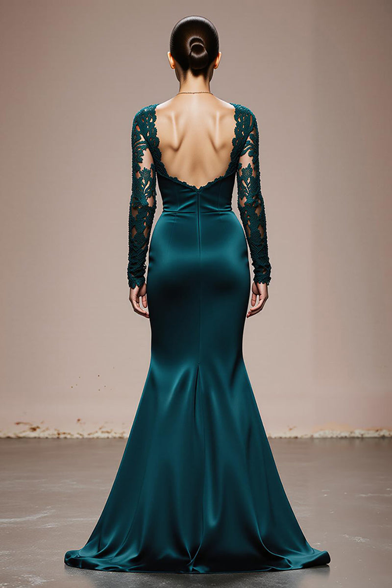 Load image into Gallery viewer, Peacock Blue Satin Mermaid Square Neck Lace Sleeves Long Formal Dress