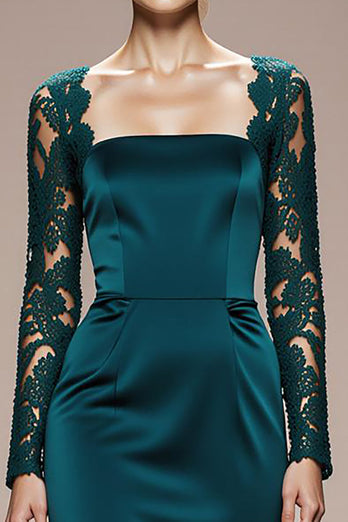 Peacock Blue Satin Mermaid Square Neck Lace Sleeves Long Formal Dress