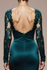 Load image into Gallery viewer, Peacock Blue Satin Mermaid Square Neck Lace Sleeves Long Formal Dress
