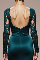 Load image into Gallery viewer, Peacock Blue Satin Mermaid Square Neck Lace Sleeves Long Formal Dress