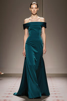 Load image into Gallery viewer, Peacock Blue Satin Sheath Off the Shoulder Long Formal Dress