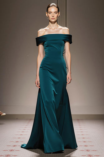 Peacock Blue Satin Sheath Off the Shoulder Long Formal Dress