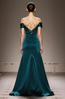 Load image into Gallery viewer, Peacock Blue Satin Sheath Off the Shoulder Long Formal Dress