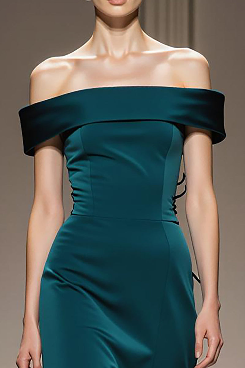 Load image into Gallery viewer, Peacock Blue Satin Sheath Off the Shoulder Long Formal Dress