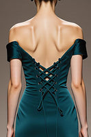 Load image into Gallery viewer, Peacock Blue Satin Sheath Off the Shoulder Long Formal Dress