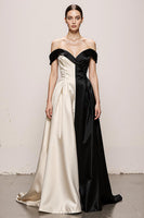 Load image into Gallery viewer, Black and White Satin A Line Sweetheart Off the Shoulder Long Formal Dress