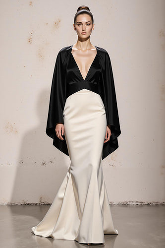 Black and White Satin Mermaid V-Neck Long Formal Dress with Sleeves