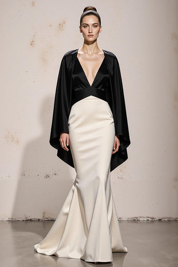 Black and White Satin Mermaid V-Neck Long Formal Dress with Sleeves