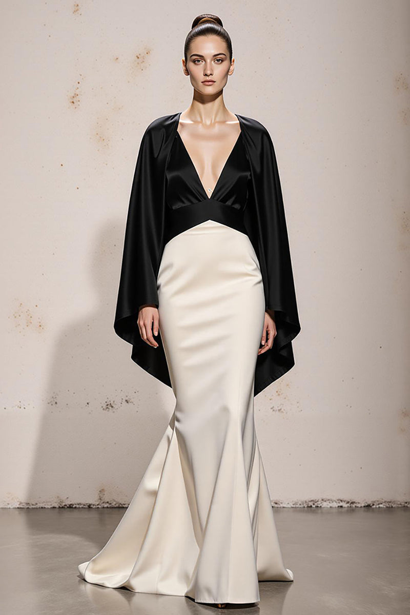 Load image into Gallery viewer, Black and White Satin Mermaid V-Neck Long Formal Dress with Sleeves