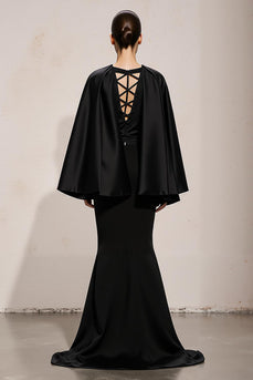 Black and White Satin Mermaid V-Neck Long Formal Dress with Sleeves