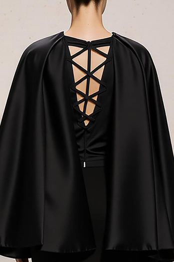Black and White Satin Mermaid V-Neck Long Formal Dress with Sleeves