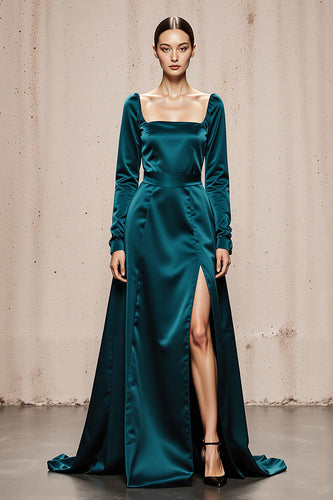 Peacock Blue Satin Sheath Square Neck Long Sleeves Formal Dress with Slit