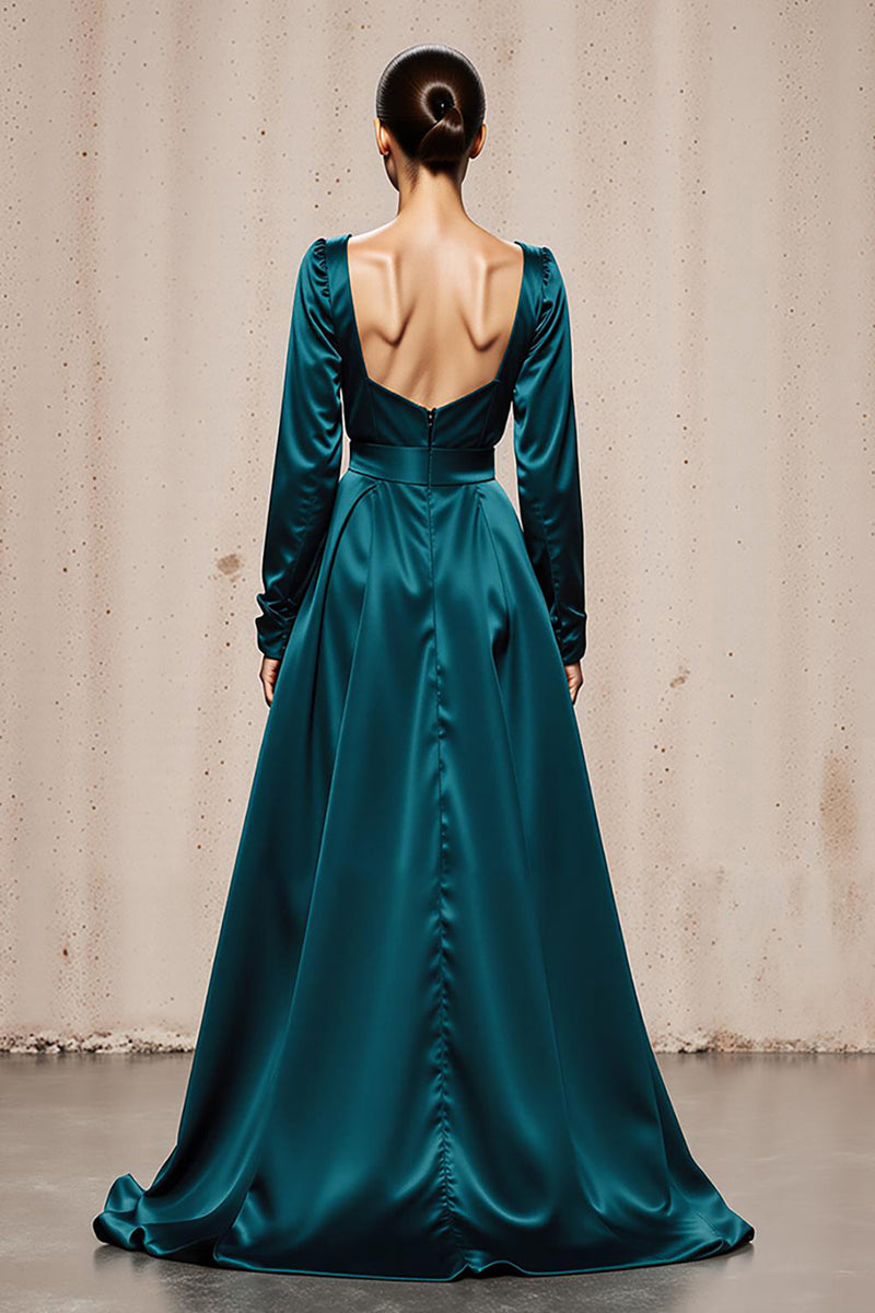 Load image into Gallery viewer, Peacock Blue Satin Sheath Square Neck Long Sleeves Formal Dress with Slit