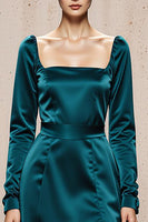 Load image into Gallery viewer, Peacock Blue Satin Sheath Square Neck Long Sleeves Formal Dress with Slit